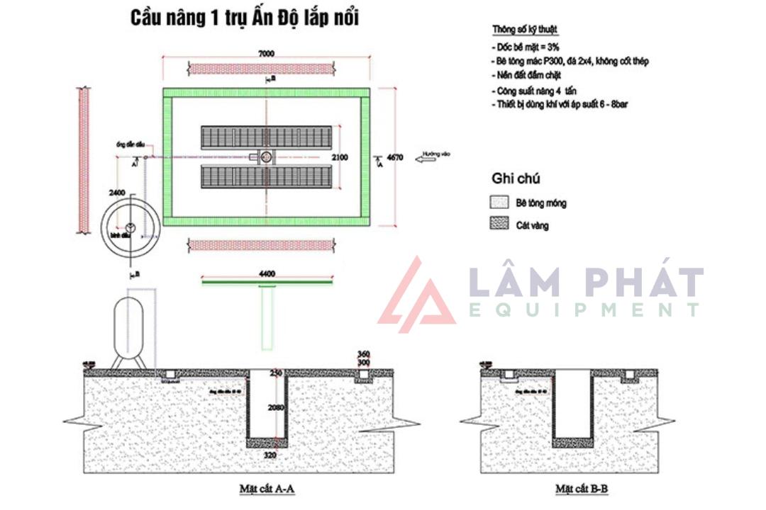 Sơ đồ lắp đặt cầu nâng 1 trụ